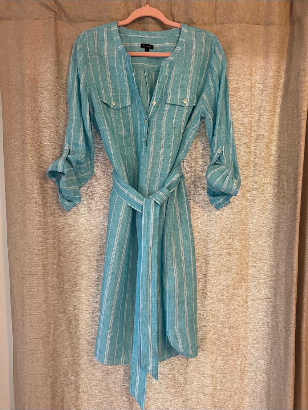 Talbots Turquoise and White Striped Linen Midi Shirt Dress with Tie Belt